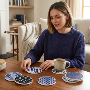 Resin Round Coasters Set Blue Modern Patterns Non-Slip Drink Mats for <b>Table</b> Decor - Product Image 1
