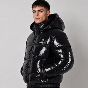 Unique Design Men's Black Hooded <b>Bubble</b> Jacket Waterproof Streetwear Winter <b>Coat</b> with Foil Print and Zipper <b>Bubble</b> Jacket - Product Image 4