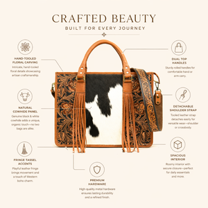 Premium Hand Tooled Leather Satchel <b>Bag</b> | Western Fringe Cowhide Hair-On Designer Shoulder Handbag with Floral Carving for Women - Product Image 6