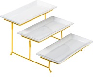 Support à gâteau rectangulaire à 3 niveaux, verre blanc, cadre en métal doré, réutilisable, lavage à la main uniquement