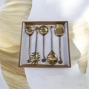 Gold Plated Serving Spoon Set <b>Mirror</b> Finish Long Handle Vintage Design Metal Utensils Gift Boxed - Product Image 4