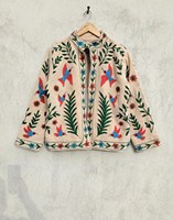 Veste Suzani en velours brodée à la main avec motif colibri, style bohème, colorée, motif oiseau arctique indien, art floral folklorique, manteau pour femme