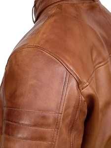 Mens <b>Slim</b> <b>Fit</b> Motorcycle Brown Leather <b>Jacket</b> - Product Image 3