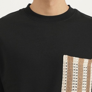 Mens Cotton T-Shirt 180 GSM Contrast Crochet Pocket Crewneck Short Sleeve Black Tee OEM Apparel Manufacturer - Product Image 5