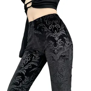 Pantalones negros con estampado gótico Retro para mujer, calzas acampanadas de cintura alta, estilo gótico, Punk