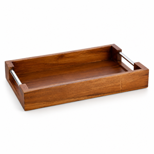 Plateau de service élégant et moderne en bois naturel avec poignées en métal |   Plateau rectangulaire en bois écologique multifonctionnel pour thé et café - Product Image 1