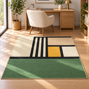 Tapis carré personnalisable en jute 100 % écologique à motif à carreaux 5x5 pieds vert/noir, tissage plat moderne pour salon - Product Image 6