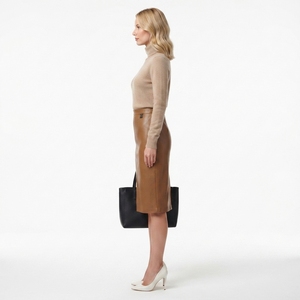 Jupe crayon en cuir véritable respirante à taille haute pour femmes, longueur genoux - Product Image 3