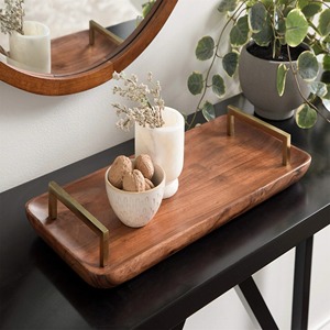 Plateau de service rectangulaire en bois avec poignées en laiton, design minimaliste, couleur unie, vaisselle et assiettes - Product Image 3