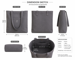 Minimalist Gray Cotton Tote <b>Bag</b> With Embroidery Front Pocket Shoulder Strap Open Top - Product Image 2