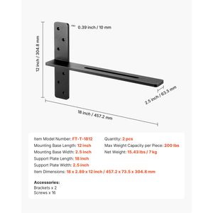 2 staffe a T in acciaio massiccio per carichi pesanti, capacità 200 libbre/90 kg, 18x2,89x12/457,2x73,5x304,8 mm, acciaio massiccio - Product Image 5