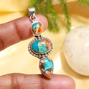 Adorable pendentif artisanal en argent sterling 925 avec pierre précieuse turquoise coquille d'huître, pendentif ovale pour collier et bijoux - Product Image 1