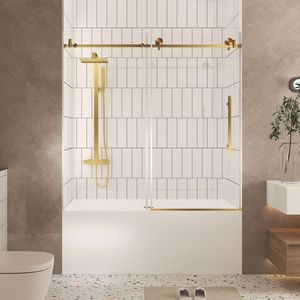 Frameless 60\"W X 60\"H Tempered Glass Shower Door <b>Explosion</b>-Proof Film Brushed Gold Stainless Steel Handle 1/4\" (6mm) Clear - Product Image 1