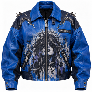 Royal Blue Genuine Leather <b>Jacket</b> <b>Womens</b> Gothic Crown Graphic Spiked Stud Collar Zip Biker Coat Bespoke OEM ODM Supplier - Product Image 1