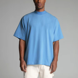 T-shirt à col montant bleu clair pour homme, 100% coton, manches courtes, couleur unie, pull-over, style été - Product Image 6
