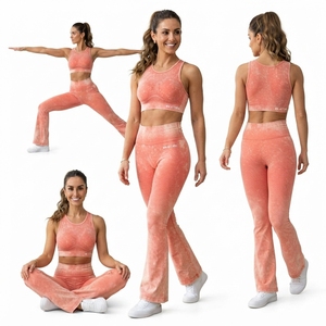 Conjunto de Yoga para Mujer, Color Naranja Coral, Lavado Ácido, Top Corto, Leggings de Cintura Alta con Corte Acampanado, Ropa Deportiva para Gimnasio y Entrenamiento - Product Image 6