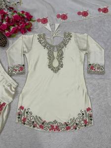 Conjunto de Salwar Kameez de Satén Blanco, Traje Farshi Bordado, Atuendo Étnico para Mujer, para Fiestas, Bodas, Diwali - Product Image 5