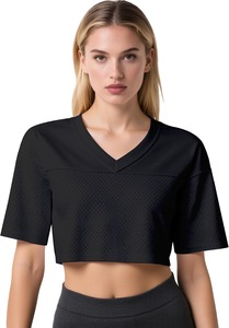 Women V Neck Short Sleeve <b>Crop</b> <b>Top</b> <b>Mesh</b> Fabric Breathable Sporty Style Solid Color Black - Product Image 2