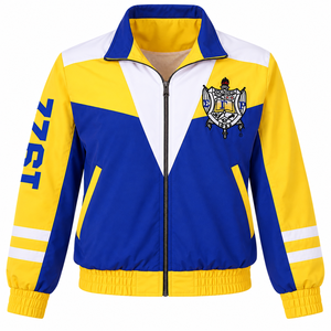 Chaqueta Cortavientos Azul Rey, Amarillo y Blanco con Cremallera Completa, Diseño de Poodle Bordado, Bloques de Color, Ligera, Informal - Product Image 6