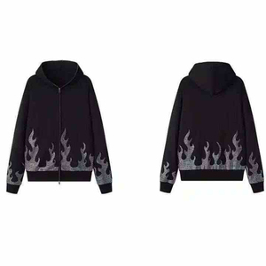 Sweat à capuche zippé noir pour homme avec strass, motif flamme imprimé, 100 % coton, manches longues, directement de l'usine, OEM - Product Image 1