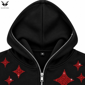 Sudadera con capucha personalizada para hombre, negra, con gráfico de diamantes de imitación, con cremallera, de algodón grueso, corte holgado, estilo urbano, con forro polar. - Product Image 3