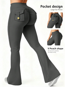 Women High Waist Flare Leggings Grey <b>Yoga</b> Pants Bootcut Workout Fitness Activewear Stretch <b>Trousers</b> - Product Image 4