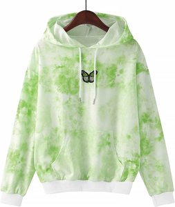 Sweat-shirt à capuche vert tie-dye pour femme avec imprimé papillon, poche avant, manches longues, tricoté, décontracté, pour le printemps - Product Image 1