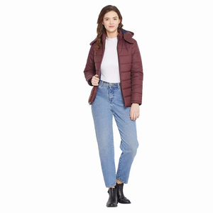Men's Burgundy Hooded Puffer <b>Jacket</b> With Zipper Closure Windproof Casual <b>Winter</b> Outerwear Regular Fit Solid Color Polyester - Product Image 5