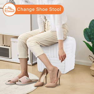 Pouf quadrato bianco e sedia da toeletta in velluto a coste con poggiapiedi imbottito intrecciato per ingresso o soggiorno - Product Image 4