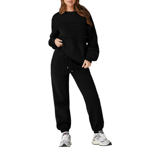 Ensemble de survêtement tricoté noir pour femme, col rond, manches longues, coupe ample, tenue décontractée, deux pièces, couleur unie - Product Image 1