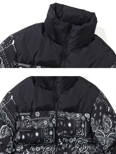Chaqueta Acolchada Negra para Hombre con Estampado de Parches, Cuello Alto, Cierre de Cremallera, Cortavientos, Estilo Urbano de Invierno, Ajuste Holgado, Relleno de Poliéster - Product Image 3