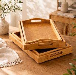 Bandeja de Servir de Bambú Hecha a Mano, Bandeja Rectangular de Madera para Desayuno con Asas - Product Image 2