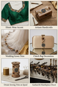 Adornos de Encaje Bordados a Mano con Perlas y Flores 3D en Dorado y Azul Medianoche, para Vestidos de Novia y Artesanías - Product Image 4