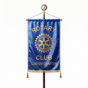 Bandera de satén del Rotary International Club con bordado dorado y flecos, ecológica para actividades promocionales - Product Image 1