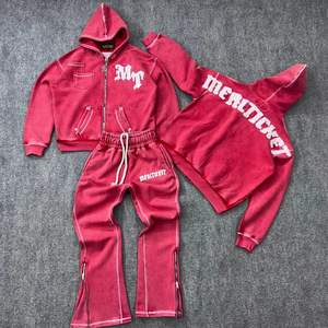 Manufacturer Boxy Fit Acid Wash Winter Cotton Fleece Hoodie Flared Sweats Pants <b>Sets</b> Custom Applique Distressed <b>Embroidery</b> - Product Image 5