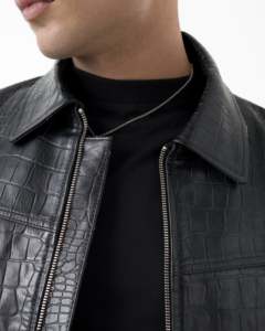 <b>Men's</b> Black Embossed Genuine <b>Leather</b> Quick Dry Wool Lining Moto <b>Jacket</b> Turn-down Collar Zipper Closure Regular Fit Autumn Style - Product Image 6