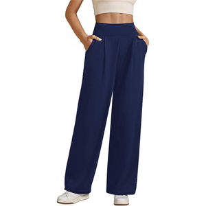 2026 OEM Women's Winter <b>Trousers</b> Navy Blue Pencil Pants Mid <b>Waist</b> <b>Elastic</b> Loose Fit Full Length Casual Pockets Knitted - Product Image 4