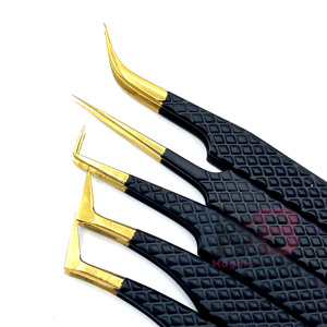 Anti-static High Precision Gold-Plated Eyelash Tweezers <b>Set</b> Black Handle Smooth Tip Curved Straight Lash Extension Tools - Product Image 5