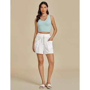 2025 à la mode taille haute lin Shorts pour femmes décontracté été pull-on cordon plage coupe ample poches chaud Shorts motif - Product Image 5