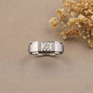 Classic 18K White Gold Engagement <b>Ring</b> With Round Brilliant Cut Diamond Bezel Setting Men <b>Fine</b> Jewelry - Product Image 2