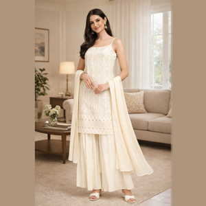 ชุดคุर्ตา ชาราร่า และผ้าคลุมไหล่ปักลายฟ็อกซ์ จอร์เจต์ ระบายอากาศได้ดี เหมาะสำหรับใส่ทำงานและงานเลี้ยง - Product Image 1