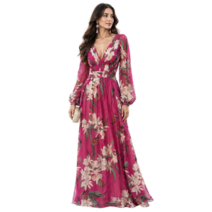 Elegante Vestido Maxi de Gasa con Estampado Floral, Cuello en V Profundo, Manga Farol, Estilo Bohemio, Vestido de Fiesta, Corte en A, Holgado, para Verano/Primavera - Product Image 3