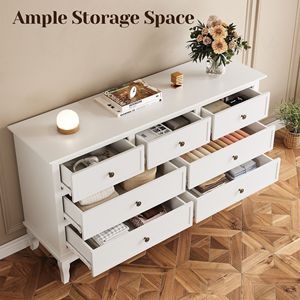 Buffet moderne à 7 tiroirs avec pieds en bois distinctifs, finition peinte en blanc, accent CR - Product Image 3