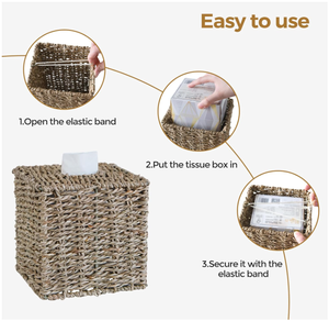 Artex Hai Nam - Cubierta para caja de pañuelos de papel de junco marino tejido, organizador de estilo bohemio, color natural, forma cuadrada - Product Image 5