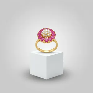 Anillo Ajustable Chapado en Oro con Diseño Floral Vintage para Mujer, Engaste de Bisel con Rubí y Perlas Pavé, Estilo Cóctel - Product Image 2