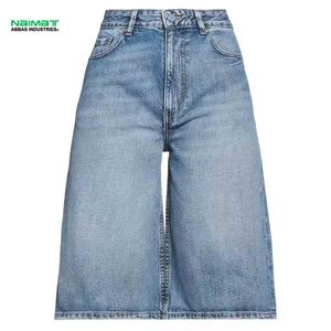 Culottes en jean à jambes larges, taille haute, délavage moyen, style skater, coupe ample, pour la vente en gros - Product Image 1