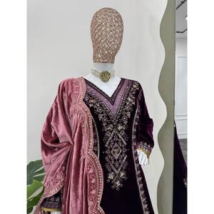 Ensemble de costume en velours pour femme, taille XL, couleur violette, pour soirée, avec bordure en dentelle et paillettes, 100% polyester, pour un look élégant - Product Image 2