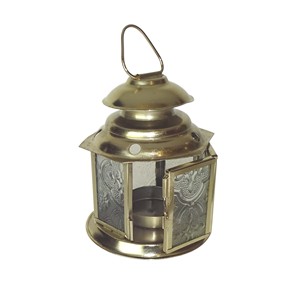 Farol de vela hexagonal de metal pulido en cobre y oro rosa con paneles de vidrio, anillo superior perforado para chimenea, manija y pestillo para mesa - Product Image 2