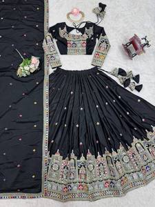 Ensemble Lehenga Choli brodé noir pour femmes, robe ethnique pakistanaise, sans plis, séchage rapide, tenue de fête de mariage - Product Image 6