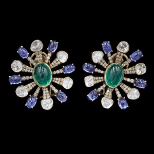 Hot Selling Prominent Central <b>Emerald</b> Stone Tanzanite Diamond <b>Stud</b> Earrings For Women Bridal Special Occasion Wear Jewellery - Product Image 1